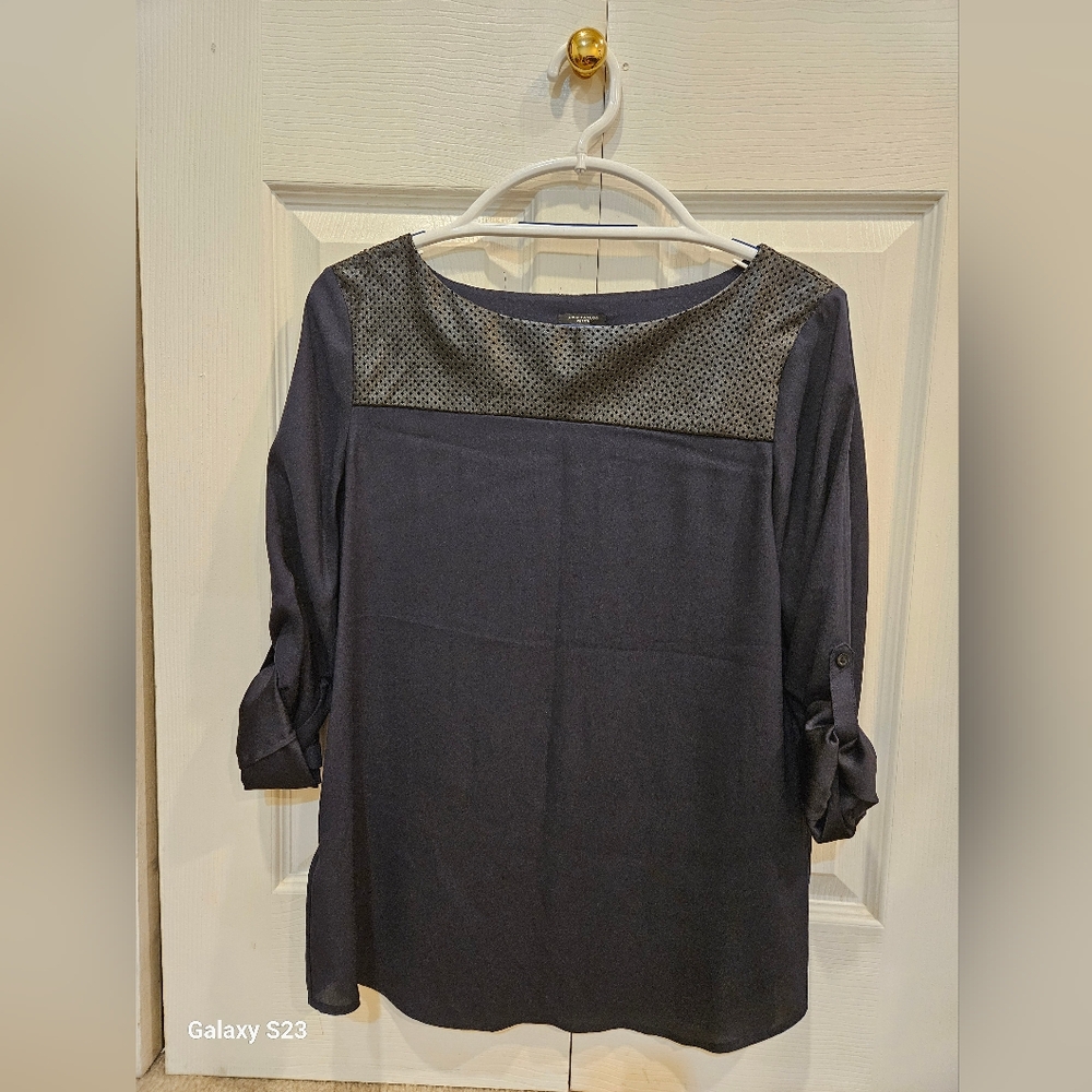 Ann Taylor black blouse faux leather long sleeve